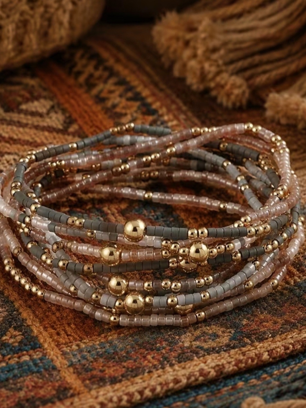 Gold & Gray Beaded Multi-Strand Women's Bracelet